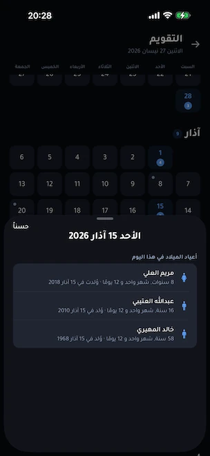 عرض التقويم السنويّ مع لوحةٍ سفليّةٍ مفتوحةٍ على يومٍ مختار، تَسرد أعياد الميلاد وذكريات الزواج التي تُحتفل في ذلك اليوم، إضافةً إلى التعامل مع المولودين في 29 فبراير