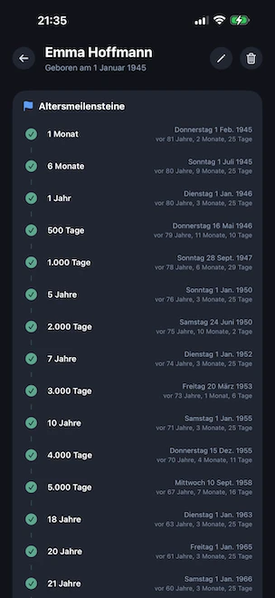 Altersmeilenstein-Zeitachse einer Person, mit erreichten Meilensteinen von 1 Monat bis 21 Jahre (einschließlich 500 Tage, 1.000 Tage, 5.000 Tage, 18 Jahre) sowie Kalenderdatum und vergangener Zeit für jeden