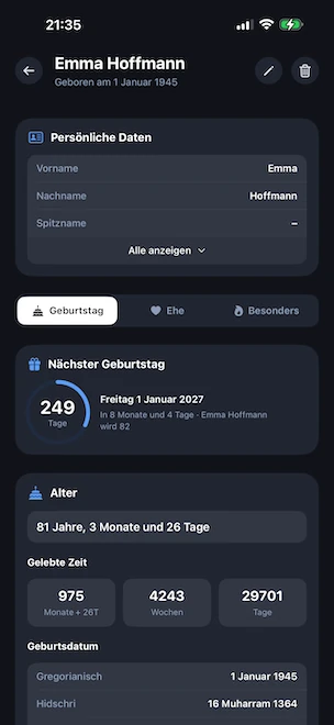 Profildetail im Geburtstag-Tab geöffnet, mit dem Countdown-Kreis bis zum nächsten Geburtstag, dem genauen Alter in Jahren, Monaten und Tagen, den Gesamtwerten der gelebten Zeit in Monaten, Wochen und Tagen sowie dem Geburtsdatum umgerechnet in den gregorianischen und Hidschri-Kalender