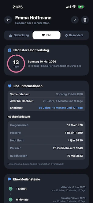 Profildetail im Hochzeit-Tab geöffnet, mit einem rosa Countdown-Ring zum nächsten Hochzeitstag, der Ehedauer, dem Alter bei der Hochzeit und dem Hochzeitsdatum im gregorianischen, Hidschri-, hebräischen, persischen und buddhistischen Kalender