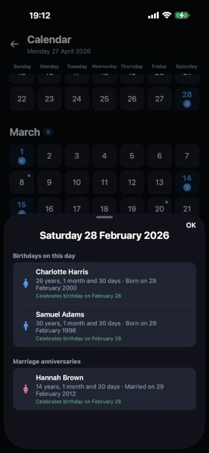 Yearly calendar view with a bottom sheet open on a selected day, listing the birthdays and marriage anniversaries celebrated that day and how leap-year people born on 29 February are handled