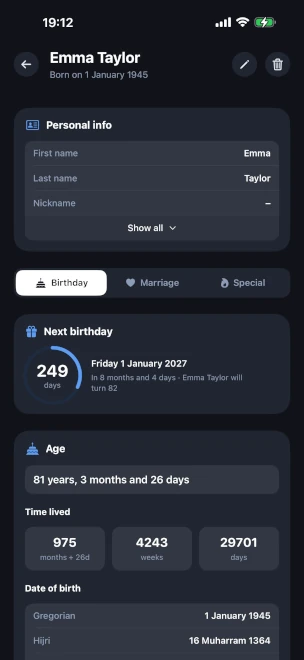 Profile detail open on the Birthday tab, with the next-birthday countdown circle, the exact age in years, months and days, time-lived totals in months, weeks and days, and the date of birth converted to the Gregorian and Hijri calendars