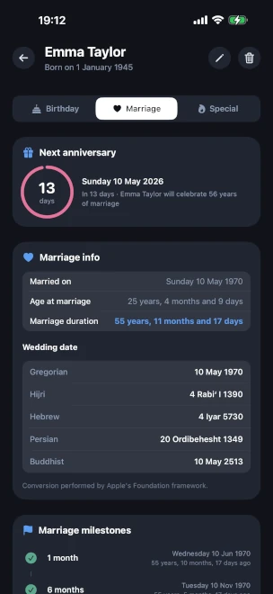 Profile detail open on the Marriage tab, with a pink countdown ring to the next wedding anniversary, marriage duration, age at marriage, and the wedding date displayed in the Gregorian, Hijri, Hebrew, Persian and Buddhist calendars