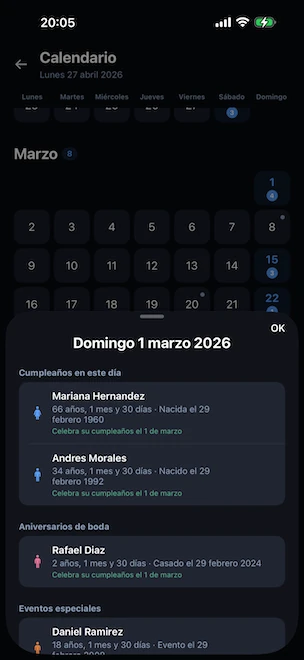 Vista de calendario anual con una hoja inferior abierta sobre un día seleccionado, que enumera los cumpleaños y aniversarios de boda celebrados ese día y el tratamiento de las personas nacidas el 29 de febrero
