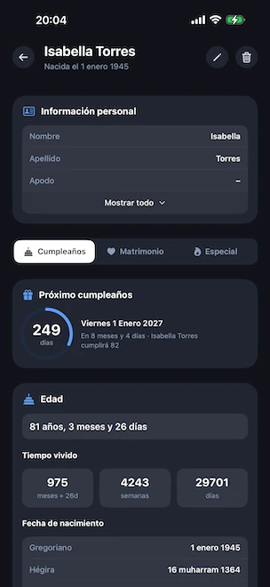 Detalle de un perfil abierto en la pestaña Cumpleaños, con el círculo de cuenta atrás hasta el próximo cumpleaños, la edad exacta en años, meses y días, los totales del tiempo vivido en meses, semanas y días, y la fecha de nacimiento convertida a los calendarios gregoriano y hégira