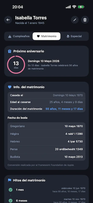 Detalle de un perfil abierto en la pestaña Boda, con un anillo rosa de cuenta atrás hasta el próximo aniversario de boda, la duración del matrimonio, la edad al casarse y la fecha de boda en los calendarios gregoriano, hégira, hebreo, persa y budista