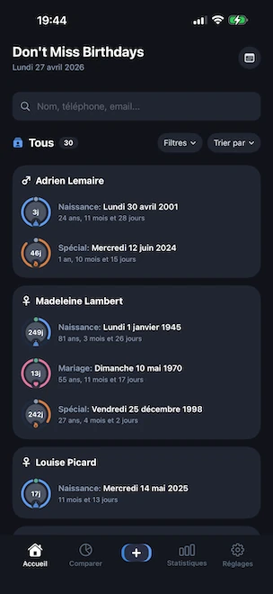 Écran d'accueil de Don't Miss Birthdays avec plusieurs profils, chacun affichant un anneau bleu d'anniversaire de naissance, un anneau rose de mariage et un anneau orange d'événement spécial indiquant les jours restants jusqu'à la prochaine célébration, plus une barre de recherche et des contrôles de tri et de filtre