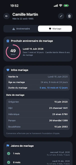 Détail d'un profil ouvert sur l'onglet Mariage, avec un anneau rose de compte à rebours jusqu'au prochain anniversaire de mariage, la durée du mariage, l'âge au moment du mariage et la date de mariage affichée dans les calendriers grégorien, hégirien, hébreu, persan et bouddhiste