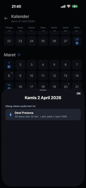 Tampilan kalender tahunan dengan bottom sheet terbuka pada hari yang dipilih, menampilkan ulang tahun dan hari pernikahan yang dirayakan pada hari itu, serta penanganan orang yang lahir pada 29 Februari