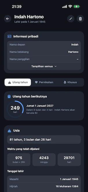 Detail profil terbuka di tab ulang tahun, dengan lingkaran hitung mundur hingga ulang tahun berikutnya, usia tepat dalam tahun, bulan, dan hari, total waktu yang dijalani dalam bulan, minggu, dan hari, serta tanggal lahir yang dikonversi ke kalender Gregorian dan Hijriah