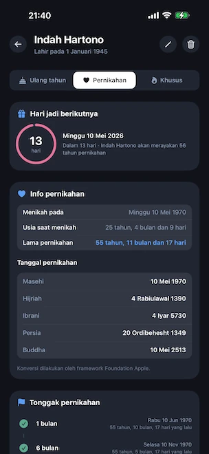 Detail profil terbuka di tab pernikahan, dengan cincin hitung mundur merah muda menuju hari pernikahan berikutnya, lama pernikahan, usia saat menikah, dan tanggal pernikahan dalam kalender Gregorian, Hijriah, Ibrani, Persia, dan Buddha