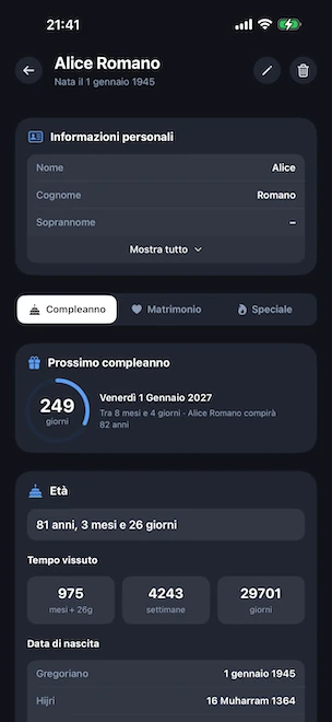 Dettaglio del profilo aperto sulla scheda compleanno, con il cerchio del conto alla rovescia al prossimo compleanno, l'età esatta in anni, mesi e giorni, i totali del tempo vissuto in mesi, settimane e giorni, e la data di nascita convertita nei calendari gregoriano e hijri