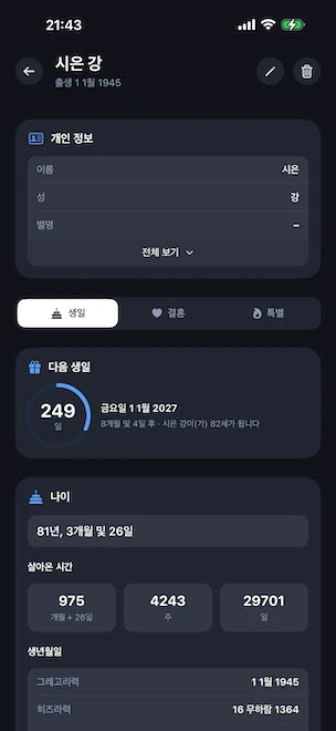 생일 탭이 열린 프로필 상세 화면. 다음 생일까지의 카운트다운 원, 연·월·일로 표시되는 정확한 나이, 월·주·일 단위의 살아온 시간 합계, 그레고리력과 Hijri 캘린더로 변환된 생년월일이 보입니다