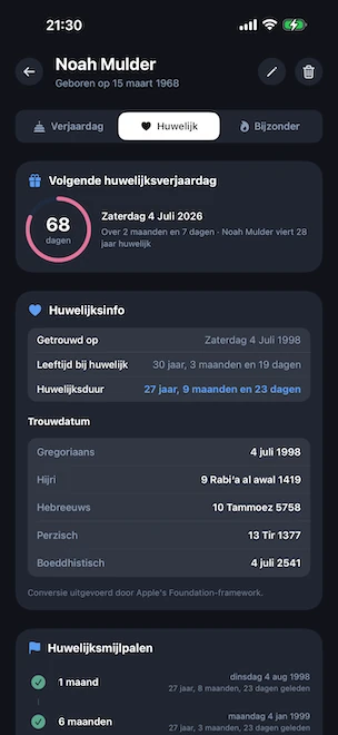 Profieldetail geopend op het huwelijkstabblad, met een roze countdown-ring tot de volgende trouwdag, de duur van het huwelijk, de leeftijd bij het huwelijk en de huwelijksdatum in de Gregoriaanse, Hidjri-, Hebreeuwse, Perzische en Boeddhistische kalender