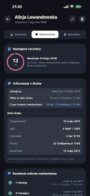 Szczegóły profilu otwarte na zakładce Ślub z różowym pierścieniem odliczania do następnej rocznicy ślubu, długością małżeństwa, wiekiem w chwili ślubu i datą ślubu w kalendarzach gregoriańskim, hidżri, hebrajskim, perskim i buddyjskim