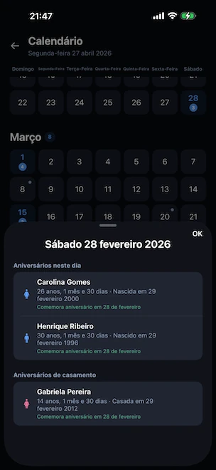 Vista anual do calendário com uma folha inferior aberta num dia selecionado a listar os aniversários e os aniversários de casamento celebrados nessa data, bem como o tratamento das pessoas nascidas a 29 de fevereiro