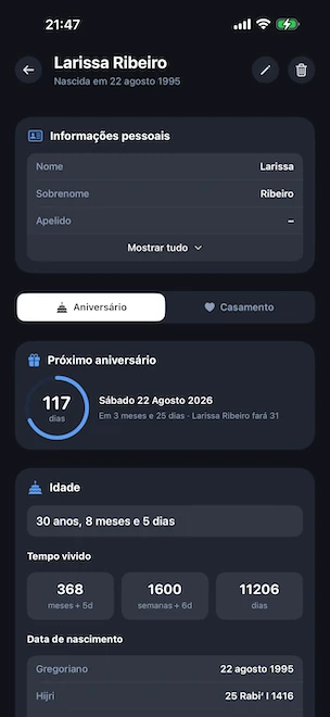 Detalhe de perfil aberto no separador de aniversário, com o círculo de contagem decrescente até ao próximo aniversário, a idade exata em anos, meses e dias, os totais de tempo vivido em meses, semanas e dias, bem como a data de nascimento convertida nos calendários gregoriano e hégira