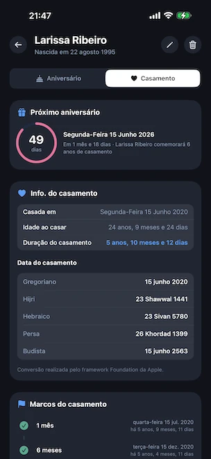 Detalhe de perfil aberto no separador de casamento, com um anel rosa de contagem decrescente para o próximo aniversário de casamento, a duração do matrimónio, a idade ao casar e a data do casamento nos calendários gregoriano, hégira, hebraico, persa e budista