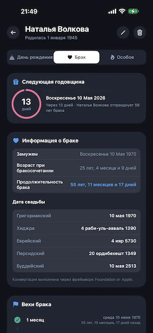 Страница профиля на вкладке «Свадьба» с розовым кольцом обратного отсчёта до следующей годовщины, продолжительностью брака, возрастом на момент свадьбы и датой свадьбы в григорианском, хиджра, еврейском, персидском и буддийском календарях