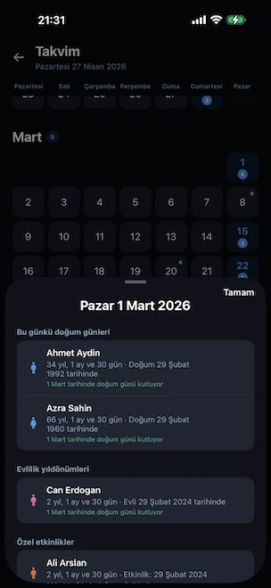 Yıllık takvim görünümü: seçilen bir günde açılan alt sayfa, o gün kutlanan doğum günlerini ve evlilik yıldönümlerini ve 29 Şubat'ta doğanların yönetimini listeliyor