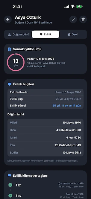 Evlilik sekmesinde açılan profil detayı: bir sonraki evlilik yıldönümüne pembe geri sayım halkası, evlilik süresi, evlenirken yaş ve Miladi, Hicri, İbrani, Şemsi ve Budist takvimlerinde evlilik tarihi
